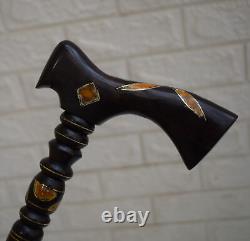 Handcrafted Egyptian 38 Turquoise Amber Inlay Wooden Stick, 98 cm Walking Cane