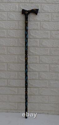 Handcrafted Egyptian 38 Turquoise Amber Inlay Wooden Stick, 98 cm Walking Cane