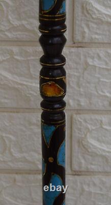 Handcrafted Egyptian 38 Turquoise Amber Inlay Wooden Stick, 98 cm Walking Cane