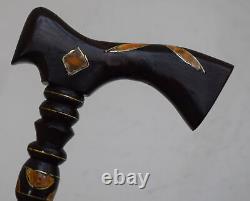 Handcrafted Egyptian 38 Turquoise Amber Inlay Wooden Stick, 98 cm Walking Cane