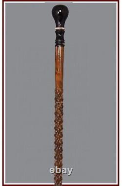 Handcrafted Wooden Walking Stick, Embroidered Carved Cane with Staff Handle