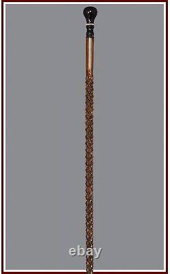 Handcrafted Wooden Walking Stick, Embroidered Carved Cane with Staff Handle