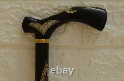 Handmade 35 Walking Wooden Cane, Mother of Pearl Inlay ebony Wood Stick Cane