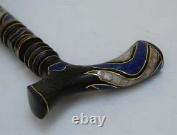 Handmade 36 Lapis and Mother of Pearl Inlay Ebony Wooden Walking Stick Cane