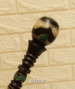 Handmade 38 Malachite & Mother of Pearl Inlaid Wooden Stick, Ebony Walking Cane