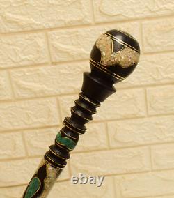 Handmade 38 Malachite & Mother of Pearl Inlaid Wooden Stick, Ebony Walking Cane