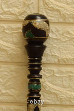 Handmade 38 Malachite & Mother of Pearl Inlaid Wooden Stick, Ebony Walking Cane