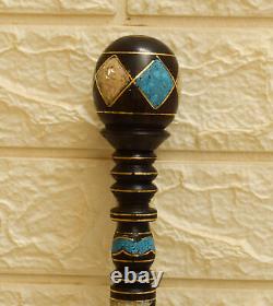 Handmade 38 Turquoise & Mother of Pearl Inlaid Wooden Stick, Ebony Walking Cane