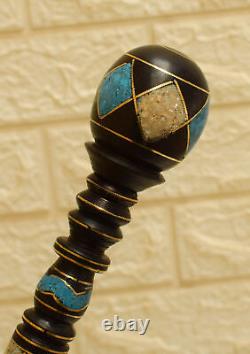 Handmade 38 Turquoise & Mother of Pearl Inlaid Wooden Stick, Ebony Walking Cane