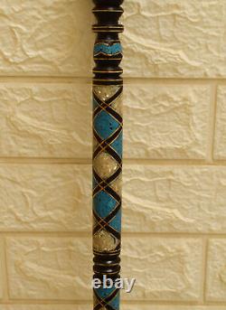 Handmade 38 Turquoise & Mother of Pearl Inlaid Wooden Stick, Ebony Walking Cane