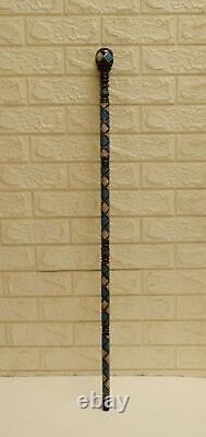 Handmade 38 Turquoise & Mother of Pearl Inlaid Wooden Stick, Ebony Walking Cane