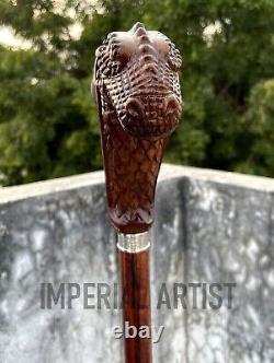 Handmade Dinosaur Head Wooden Walking Stick Ergonomic Palm Grip Handle Wood