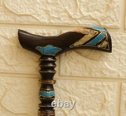 Handmade Ebony Walking Cane 36 Turquoise & Mother of Pearl Inlay Wooden Stick