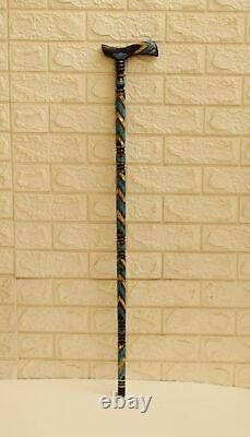 Handmade Ebony Walking Cane 36 Turquoise & Mother of Pearl Inlay Wooden Stick