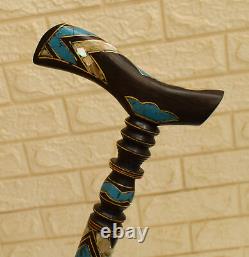 Handmade Ebony Walking Cane 36 Turquoise & Mother of Pearl Inlay Wooden Stick