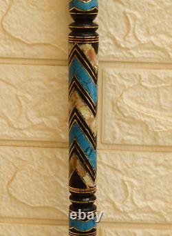 Handmade Ebony Walking Cane 36 Turquoise & Mother of Pearl Inlay Wooden Stick