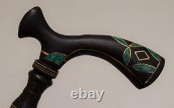 Handmade Walking Cane, 37 Malachite Inlaid Ebony Wood Stick, 95 cm Wooden Stick