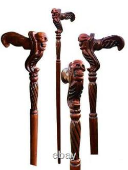 Handmade Wooden Skull Cane Walking Stick Ergonomic Palm Grip Handle Skull Gift