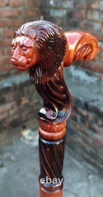 Handmade Wooden Skull Cane Wooden Walking Lion Walking Stick -Ergonomic Palm