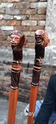 Handmade Wooden Skull Cane Wooden Walking Lion Walking Stick -Ergonomic Palm Gri