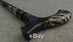 Handmade Wooden Walking Stick Cane, 36 Lapis and Mother of Pearl Inlaid Wood