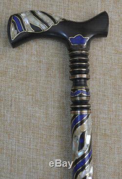 Handmade Wooden Walking Stick Cane, 36 Lapis and Mother of Pearl Inlaid Wood