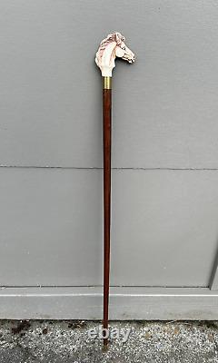 Horse Head Walking Stick Cane Wooden Hand Carved Resin Bird Brass Artisan 36