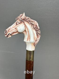 Horse Head Walking Stick Cane Wooden Hand Carved Resin Bird Brass Artisan 36