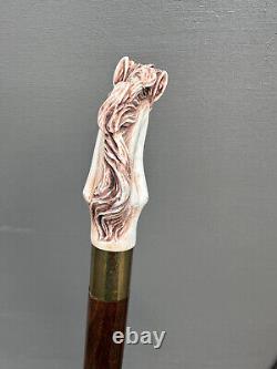 Horse Head Walking Stick Cane Wooden Hand Carved Resin Bird Brass Artisan 36