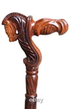 Horse Wooden Carved Walking Stick Horse with Saddle Cane Handmade Wood Craft Art