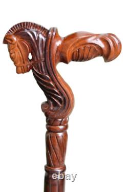 Horse Wooden Carved Walking Stick Horse with Saddle Cane Handmade Wood Craft Art