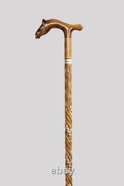Horse-headed Golden Walking Stick, Handmade Wooden Cane, Gift for loved ones