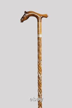 Horse-headed Snake-pattern Yellow Walking Stick, Handmade Wooden Custom Cane