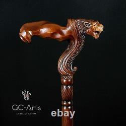 Jaguar Head Wood Carved Walking Stick Cane Wooden Ergonomic Palm Grip Handle