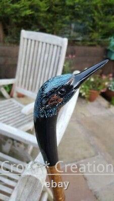 Kingfisher Bird Wood Carved Head Handle Hand Painted Wooden Walking Stick Cane
