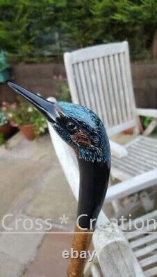 Kingfisher Bird Wood Carved Head Handle Hand Painted Wooden Walking Stick Cane