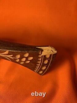 Kuznice Old Hand Carved Wooden Cane Walking Stick Bird Eagle Folk Art Tomahawk
