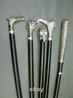 LOT OF 5 PCS Victorian Brass Silver Handle Wooden Walking Stick Antique Cane New