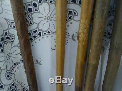 LOT of 9 Vintage Wooden Walking Stick & Cane Collection 6 Hiking Medallions