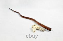 Lion Design Antler Horn Bone Carved Cane Head Brown Cane Wooden Walking Stick