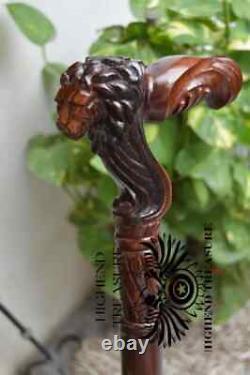 Lion Face Wooden Carved Walking Stick Cane handmade wood crafted comfortable han