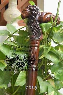 Lion Face Wooden Carved Walking Stick Cane handmade wood crafted comfortable han