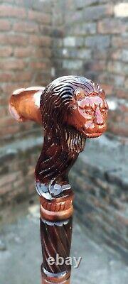 Lion & Skull head Handle Wooden Walking Solid Designer Stick Cane Vintage style