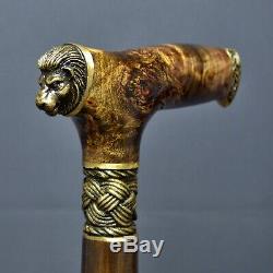 Lion Stabilized Burl Handle Wooden Handmade Cane Walking Stick Unique Exclusive