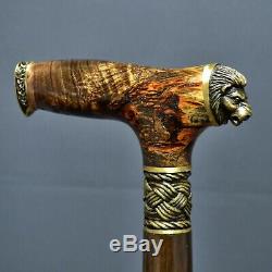 Lion Stabilized Burl Handle Wooden Handmade Cane Walking Stick Unique Exclusive