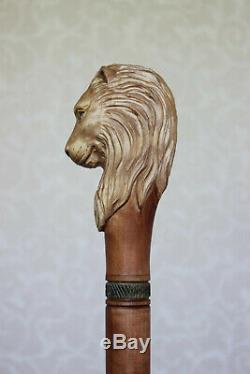Lion Walking stick Carved handle with simple staff Length 32-38 Wooden cane