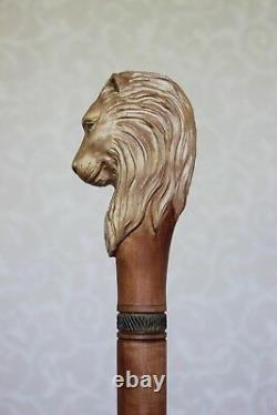 Lion Walking stick cane Carved handle Wooden Staff Hiking Custom