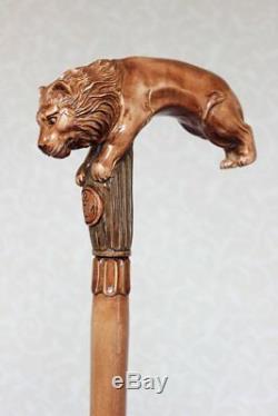 Lion Wooden cane Hand carved handle Leo Hiking stick Walking staff Wood NW60