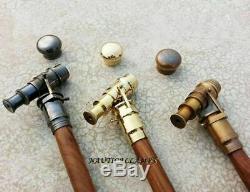 Lot-3 Solid Brass Telescope HANDLE SOLID WOODEN SPIRAL WALKING CANE / STICK
