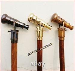 Lot Of 3 Brass Telescope Antique Handle Vintage Style Wooden Walking Stick Cane
